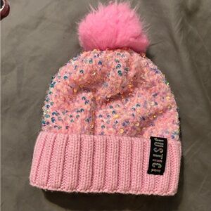 Justice Pink Sequin Beanie with Pom Pom